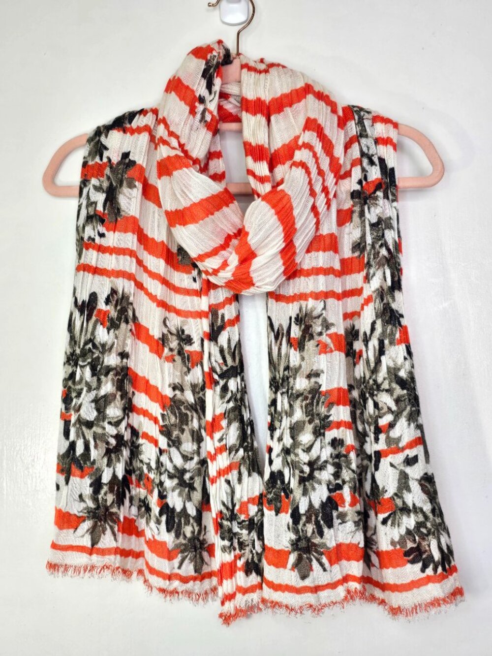 J.Crew Striped & Floral Lightweight Gauzy Scarf Wrap Orange White Black